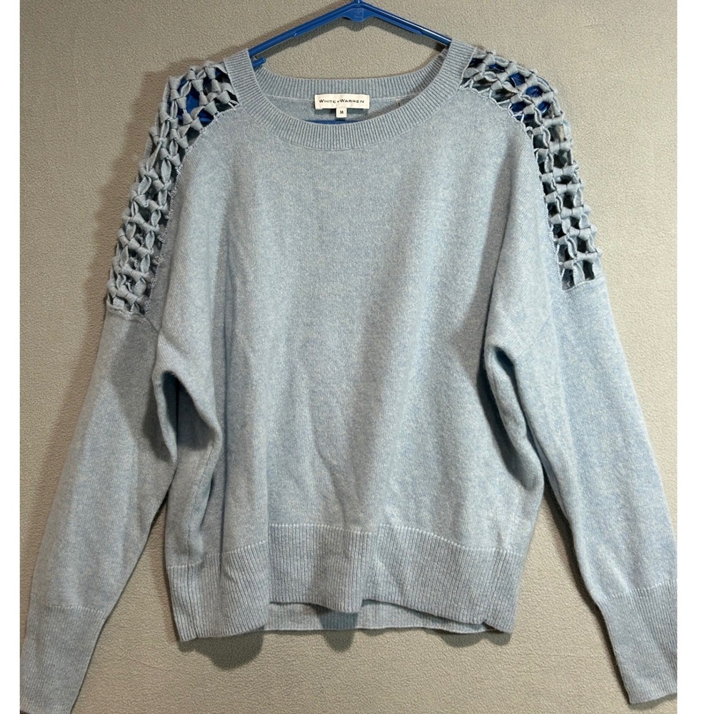 White Warren Cashmere Sweater Women Medium Blue Lattice Cutout Shoulder Crewneck